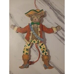 Vintage Wood Pull String Puppet Toy Ornament 9" Puss in Boots Cat By Susan Feves